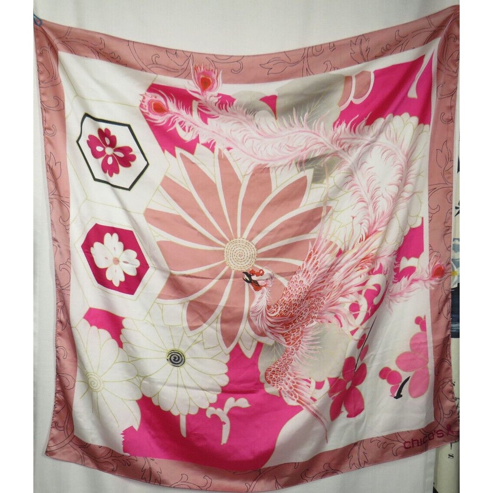Chico's Scarf Living Beyond Breast Cancer Pink Floral Bird Satin - Picture 3 of 6